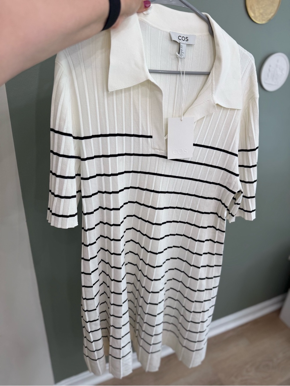 Cos Striped Knitted Mini Polo Dress In Ivory Size L